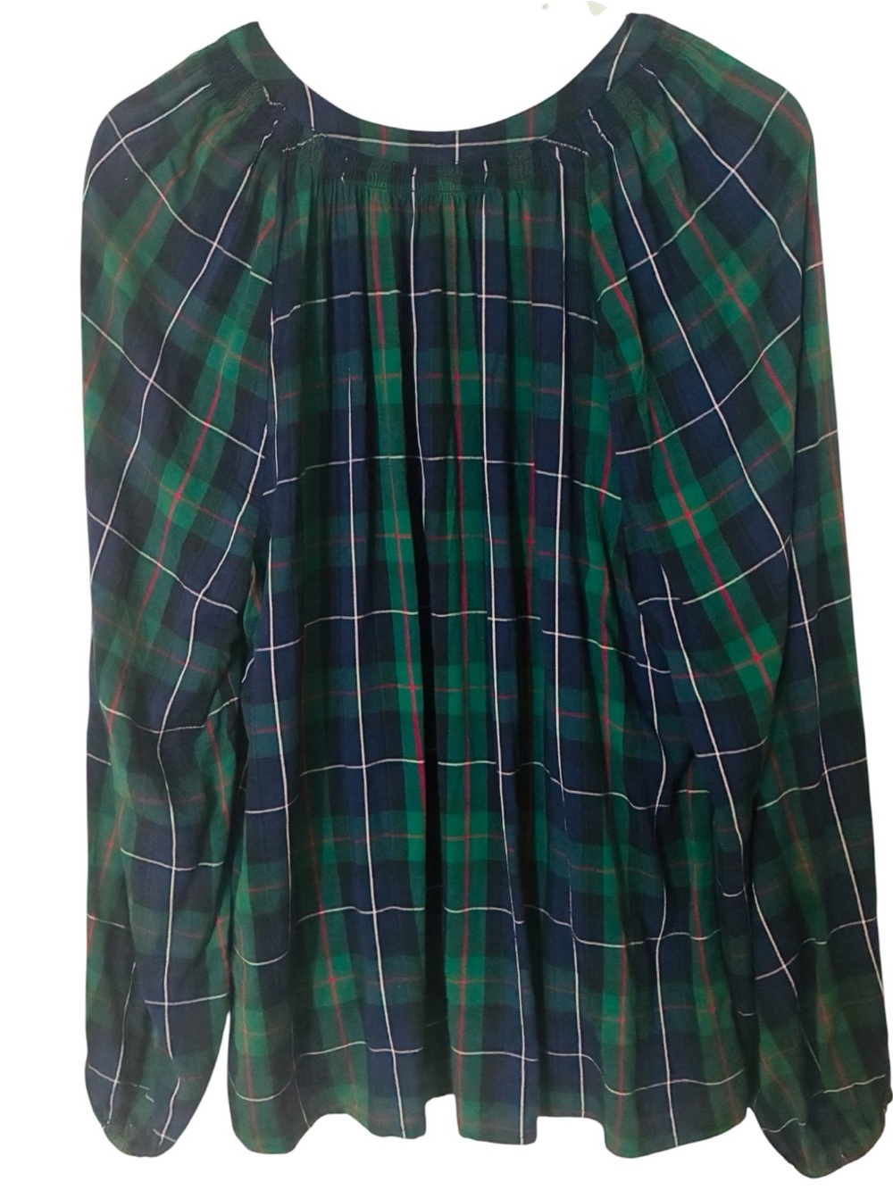 Crown & Ivy Sz LARGE Navy Green Tartan Plaid Split-Neck Popover Blouse Top - Picture 7 of 7